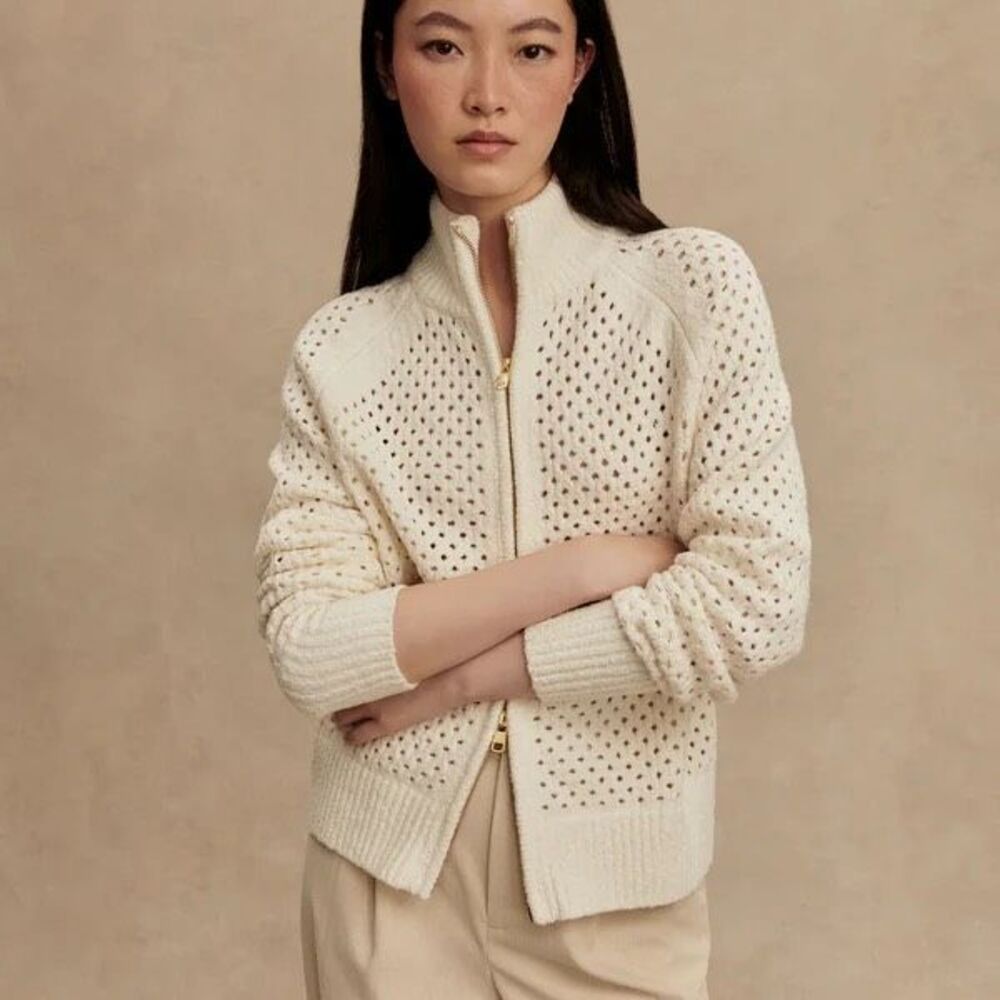 Varley Hawley Half Zip Knit Jacket Ivory XXS Relaxed Perforated Chenille Sweater